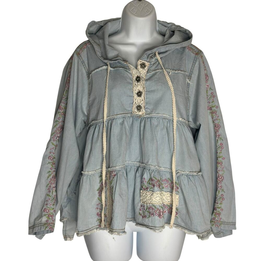 POL Boho Chambray Hoodie Top Embroidered Lace Tiered Peasant Cottage Oversized S